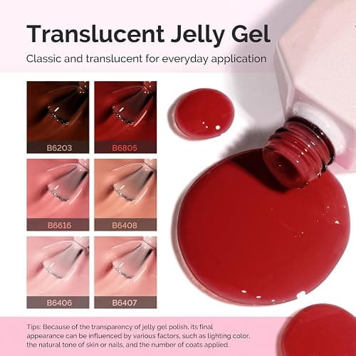 MelodySusie Jelly Gel Nail Polish Set,6 Transparent Colors,Milky or Jelly Texture,Autumn and Winter Dark Colors Soak Off UV LED Light Cure or Salon Manicure and Nail Art DIY at Home thumbnail 3