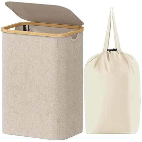 Lifewit 80L Laundry Basket with Lid, Clothes Hampers for Laundry with Bamboo Handles and 1 Removable Bag, Large Foldable Laundry Hamper for Bedroom, Bathroom, Dorm, Laundry Room, Beige - Image 1