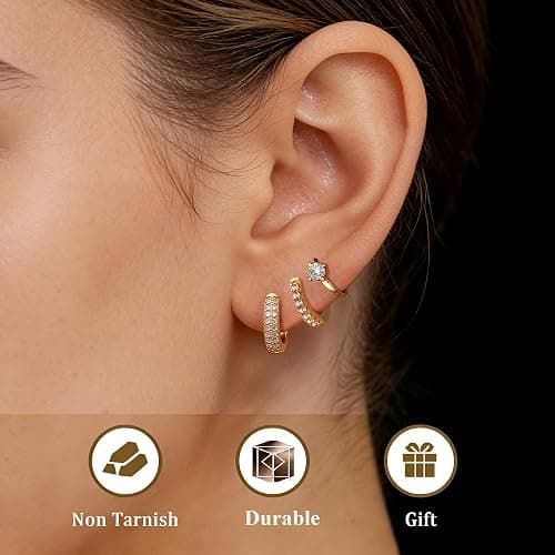 ALLHOLA 6 Pairs 14K Gold Plated Hoop Earrings for Women Hypoallergenic Small Huggie Hoops Earring Set for Sensitive Ears Non Tarnish Trendy Chunky Gold/Silver Earrings Cartilage Stacks for Multiple Piercing Jewelry Lightweight thumbnail 2