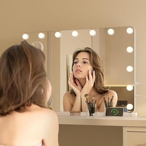 Hasipu 31"x22" Vanity Mirror with Lights, Makeup Mirror with Lights and Magnification, Hollywood Mirror with 3 Color Modes, LED Make up Mirror, Light up Mirror with USB & Type-C Charging thumbnail 3