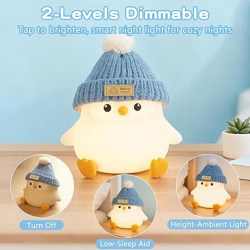 Penguin Lamp with Knit Hat,Adorable Penguin Night Light,Safe Soft Silicone,Dimmable Nursery Nightlight,LED Squishy Animal Lamp,Room Decor,White Elephant Gifts,Christmas Gifts for Kids /Boys Girls Baby thumbnail 2