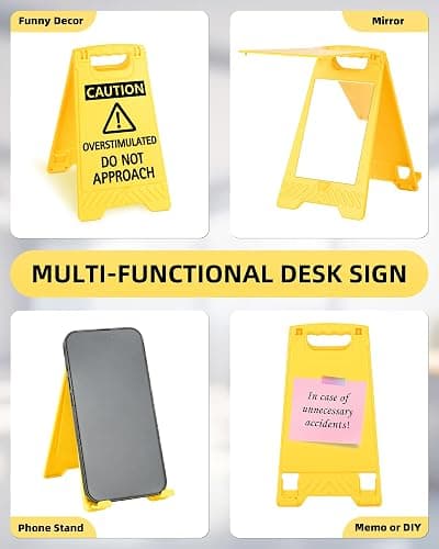 Caution Overstimulated Do Not Approach Funny Reminder Desk Sign Yellow Warning Style Office Table Decorative Gift for Coworker Friend Home Workspace Phone Holder Mirror Acrylic Cubicle Table Sign thumbnail 3