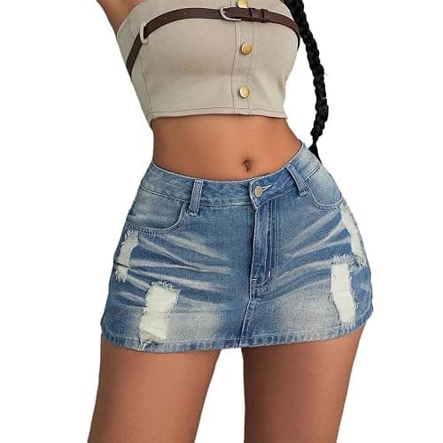 Women 90S Vintage Preppy Ripped Slant Pocket Denim Mini Skort Street Skinny Shorts Mujer - Image 1