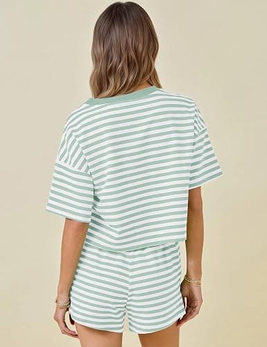 MISSACTIVER Womens Lounge 2 Piece Sets Summer Striped Matching Pajamas Set Short Sleeve Oversized T Shirts Drawstring Shorts thumbnail 3