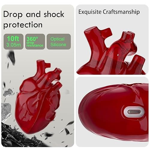 Heart-Shaped Liquid Silicone Protective Case for AirPods Pro 2/1 – Drop-Proof Cover with Metal Hook, Compatible with AirPods Pro Charging Case (Red) thumbnail 4