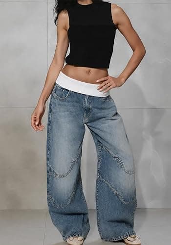 Ptorlio Womens Wide Leg Jeans Baggy Low Rise Y2K Stretchy Streetwear Color Block Denim Pants Trendy thumbnail 3