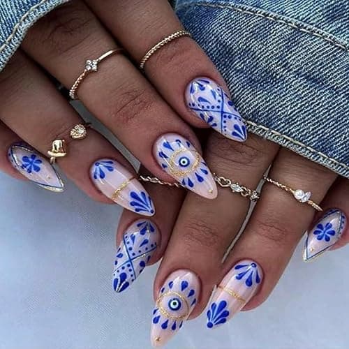 FJSMTOPl Boho Press on Nails Medium Almond Fake Nails Press ons with Designs Blue False Nails Glossy Full Cover Acrylic Glue on Nails Cute Artificial Stick on Nails for Women Manicure 24Pcs, style17 thumbnail 2