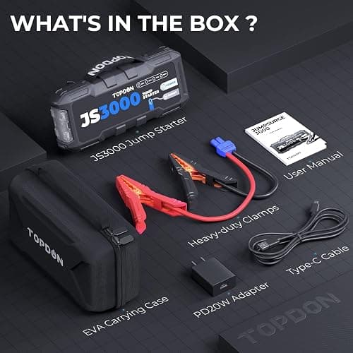 TOPDON Booster Batterie 3000A 24000mAh Démarreur de Batterie, JS3000 Portable Jump Starter pour Véhicule ( Jusqu’à 9L Essence /7L Gazole) Démarrage de Voiture thumbnail 8