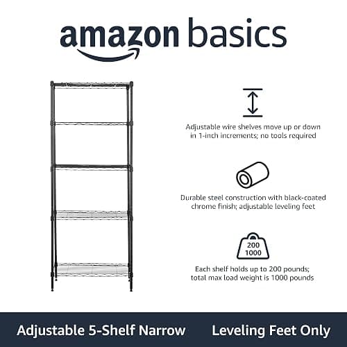 Amazon Basics 5-Shelf Multipurpose Adjustable Sturdy Steel Storage Shelving Unit, Easy Assembly, 13.4" D x 23.2"W x 60"H, Black thumbnail 4