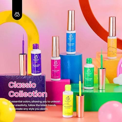 Beetles Summer Gel Liner Nail Polish Set - 6 Neon Gel Nail Polish Colors Hot Pink Orange Blue Yellow Paint for Nails Built Thin Brush in Bottle Soak off Uv LED Lamp Nails Art thumbnail 2