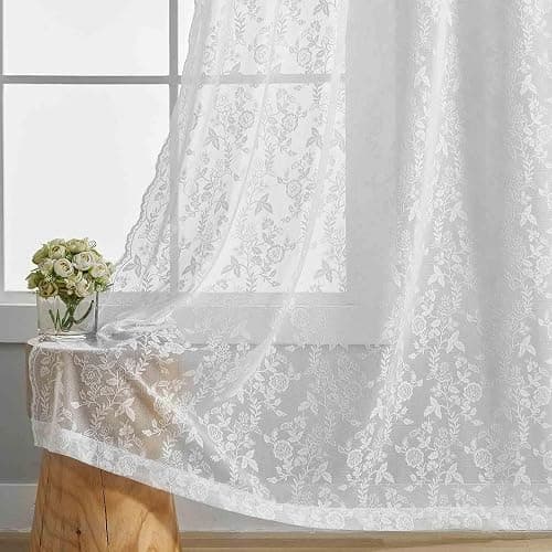 FINECITY White Lace Curtains 84 Inches Long for Living Room, Rustic Leaf Floral Window Lace Curtain Panels, Rod Pocket Vintage Privacy Sheer Lace Curtains, 42 x 84 Inch, 2 Panels, White thumbnail 5