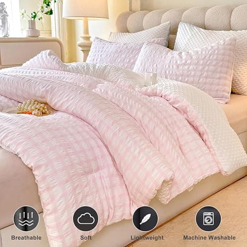 tohrisa Boho Comforter Set Twin Size - 2 Pieces Lightweight Jacquard Seersucker Bedding Sets (1 Soft Fluffy Grid Comforter & 1 Pillowcase) - All Seasons Cozy Modern Bed Set(68"x90" Blush Pink) thumbnail 4