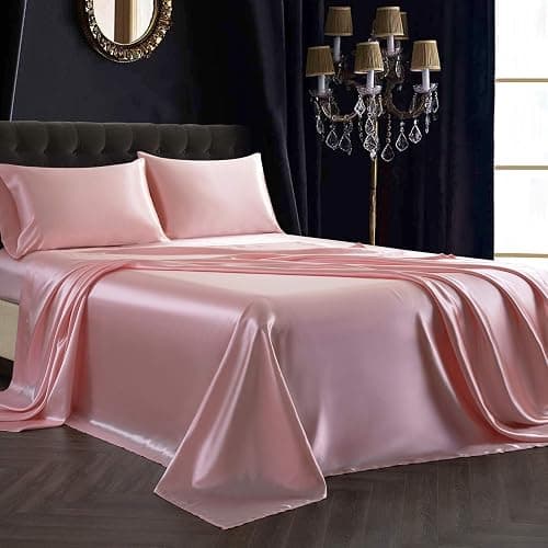 SiinvdaBZX 3Pcs Twin XL Sheets Set, Blush Pink Silky Satin Sheets Twin XL Bedding Set Ultra-Soft Extra Long Bed Sheets for College Dorm - Image 1