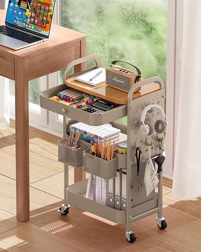 ALVOROG Rolling Cart with Drawer and Wood Table Top, 3 Tier Metal Rolling Utility Cart on Wheels with DIY Pegboards, Hanging Baskets, Hooks for Kitchen, Bedroom, Office, Craft Supplies thumbnail 2
