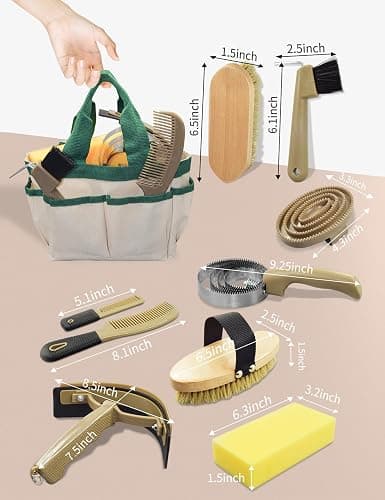 inoreal Professional 9 Piece Horse Grooming Kit with Tote Bag, Horse Brush & Curry Comb Set for Effective Grooming and Bathing, Equine Coat Care Tack Room Supplies, Horse Gifts for Girls thumbnail 2