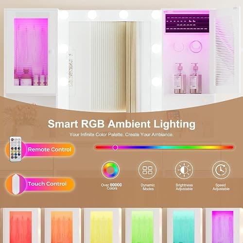 ERLEJIA Vanity Desk with Mirror and Lights, 42.52" 9 Drawer Makeup Table with 2 RGB Lighting Cabinets and Power Outlet for Girls and Ladies Bedroom, White thumbnail 5
