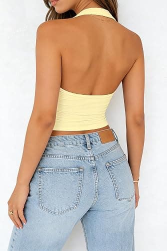 ForeFair Womens Backless Halter Tops Going Out Double Lined Crop Tank Top Open Back Sleeveless Slim Fit Y2k Summer Tops thumbnail 3