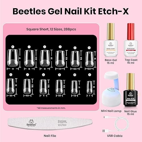 Beetles Gel Nail Kit Etch-X, Square Short, 288pcs 12 Sizes Nail Tips, 3Pcs 15ml HEMA-Free Nail Glue Top Coat & Base Gel Set, with Mini Lamp, Press On Nail, Long Lasting Extension DIY Set at Home thumbnail 7