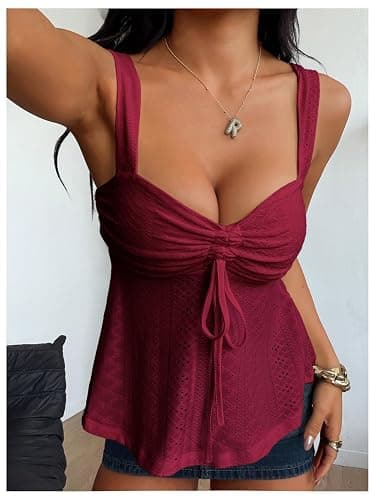Milumia Women's Eyelet Tie Front Ruched Tank Tops Y2k Going Out Peplum Top | Babydoll, Sexy Slim Fit, Sleeveless, Flowy, Summer, Beach Vacation Outfits, Country Concert thumbnail 5