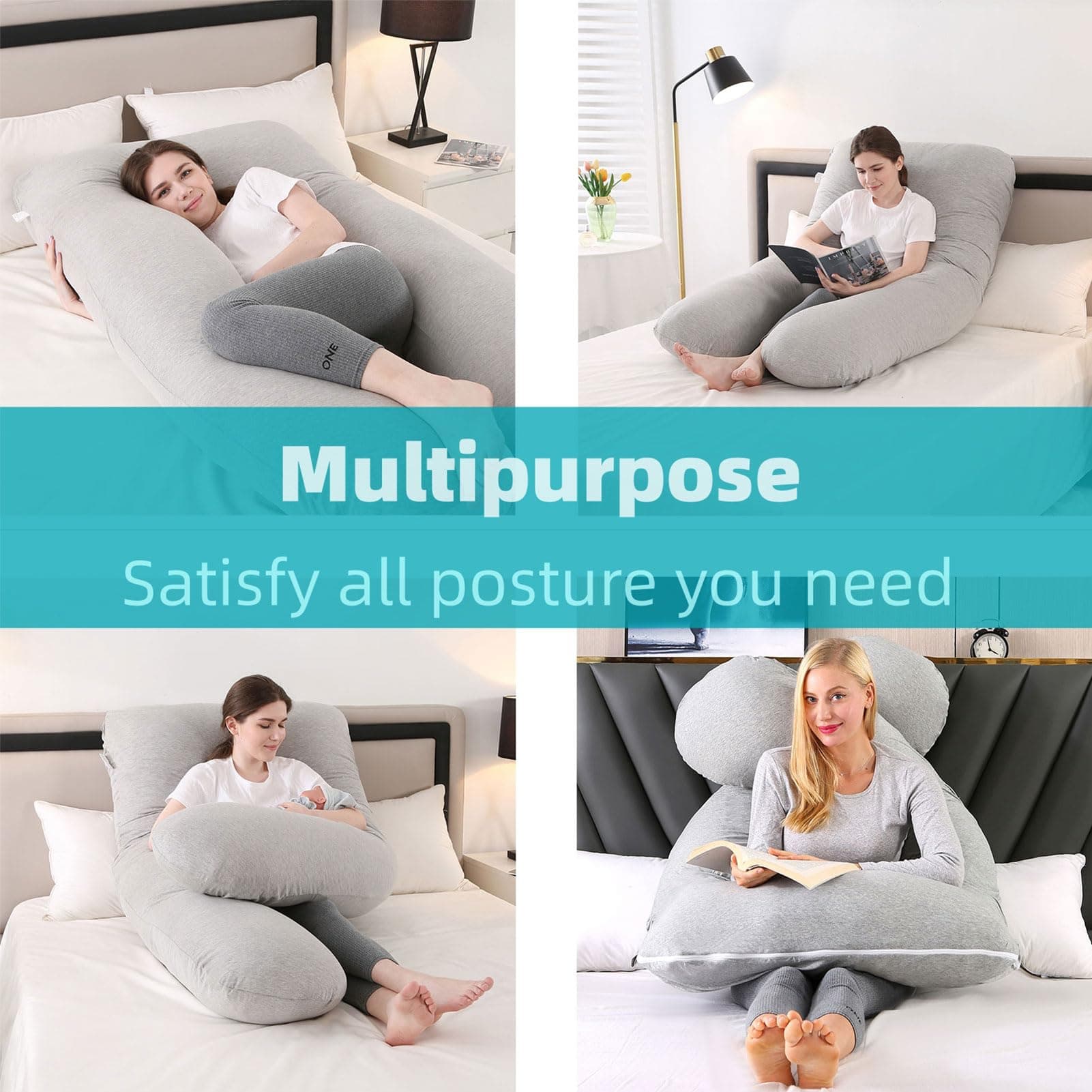 Pregnancy Pillow, Maternity Full Body Pillow for Back, Legs and Belly Support, U Shaped Full Body Pillow for Pregnant Women and Side Sleepers with Removable Cover (Knit Cotton, Grey) thumbnail 5