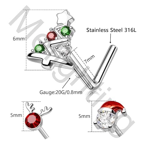 MeIighting 3PCS 20G Christmas Nose Studs L-shaped, 7mm Santa Claus Tree Reindeer Nostril Piercing Jewelry, Stainless Steel 316L Christmas Elements Body Jewellery for Women thumbnail 4