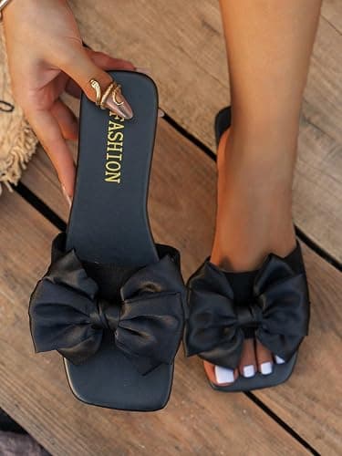 GORGLITTER Women's Bow Sandals Comfortable Cute Flat Sandals Slip On Slide Sandals for Beach, Wedding, Vacation thumbnail 2