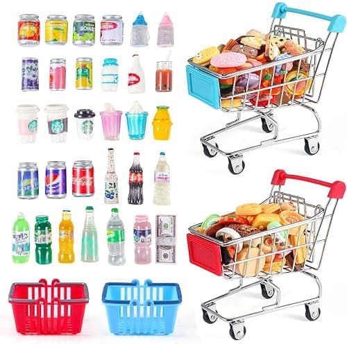 134pcs Mini Shopping Cart Basket Miniature Food Drink Bottle Supermarket Metal Handcart Toys Doll House Store Cosplay Game Dollhouse Grocery Fruit Cake Bread Party Trolley Model Dollar Bills - Image 1