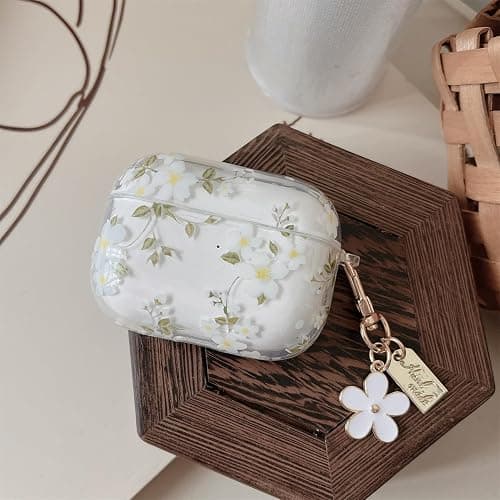 MINSCOSE Compatible with AirPods Pro 2nd/1st Generation Case Clear Case,Cute Pretty Flower Pattern Design with Floral Keychain, Soft TPU Protective Shockproof Cover for AirPods Pro/Pro 2-White Flower thumbnail 6