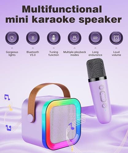 Mini Karaoke Machine Speaker for Kids Adults,Portable Bluetooth with 1-2 Wireless Microphones,Christmas Birthday Gifts Toys Girls Boys Ages 4, 5, 6,7, 8,9,10,11,12+ Years Old Toddler (Purple - 1 Mic) thumbnail 2