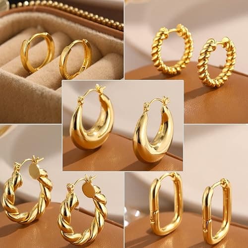 9 Pairs Gold Hoop Earrings for Women, 14K Gold Plated Lightweight Chunky Twisted Hoop Earrings Set for Gift thumbnail 7