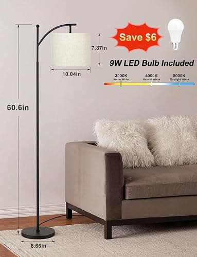 Ambimall Floor Lamps for Living Room with 3 Color Temperatures LED Bulb, Standing Lamp Tall with Adjustable Beige Shade, Tall Lamps for Bedroom Office Classroom Dorm Room Apartment, 9W Bulb Included - Beige - 60.6 Inches thumbnail 2