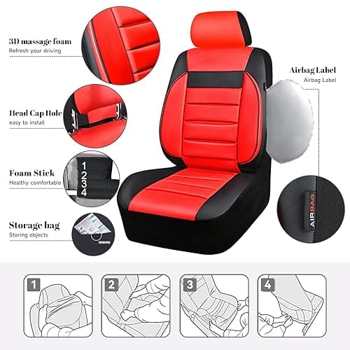 CAR PASS Leather Seat Covers Full Set Universal Water Resistant 3D Foam Back Support, Luxury Comfort Automotive 5 Seat Covers All Season Fit for SUV,Sedan,Van, Airbag Compatible Elegance (Black Red) - Black and Red thumbnail 3