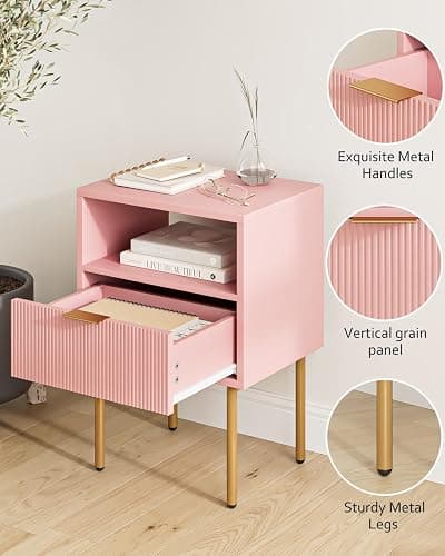 Masupu Night Stand,Mid-Century Modern Bedside Table with Storage Drawer and Open Wood Shelf,Small Gold Frame Side Table for Bedroom,Living Room, Pink thumbnail 3