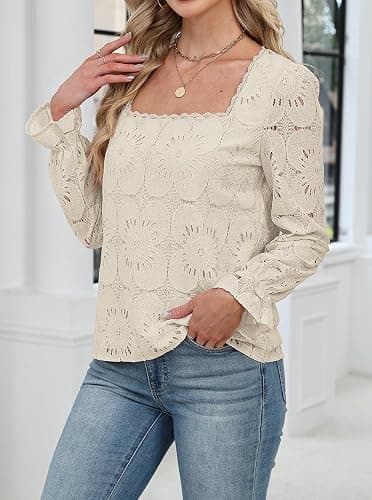 UNCOOYEE Blouses for Women Dressy Casual Eyelet Square Neck Long Sleeve Embroidered Lace Crochet Boho Tops Fall Fashion 2025 thumbnail 5