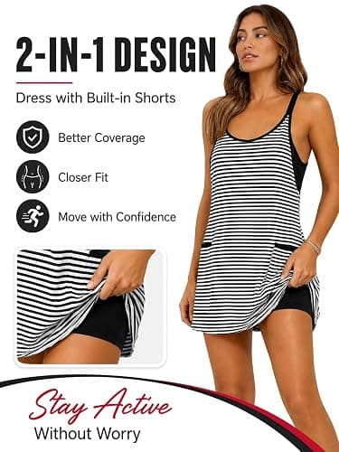 Women's Summer Striped Athletic Dress with Built-in Shorts Front Pockets thumbnail 3