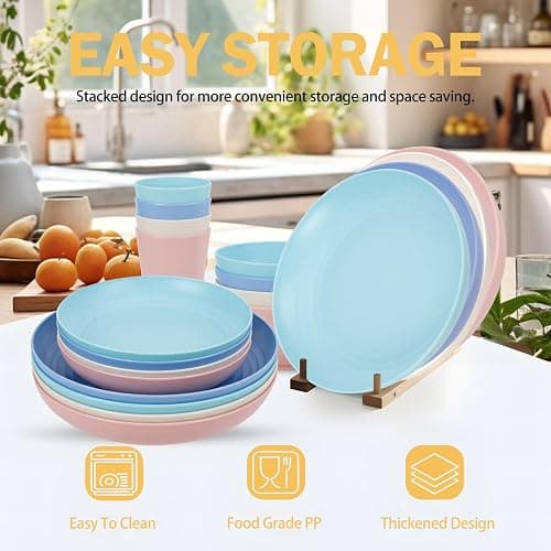 Rubtlamp Wheat Straw Plates and Bowls sets, Reusable Plastic Plate Set for 4, Kitchen Wheat Straw Dinnerware Sets (Spring Four Colors) Include Dinner Platos, Dessert Platos, Cereal Bowls, Cups thumbnail 3