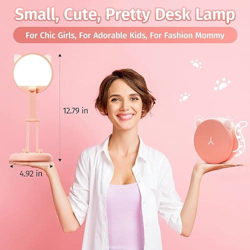 One Fire Cute Desk Lamp Pink Dorm Lamps for College Girls Foldable Portable Rechargeable Dimmable Cute Cat Lamp Kawaii Room Decor,College Dorm Decor for Girls Pink Classroom Essentials thumbnail 2