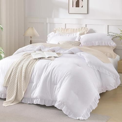 Andency Comforter Full Size Set White, 3 Pieces Ruffle Farmhouse Shabby Chic Gift Full Comforter Set, Soft Lightweight Fluffy All Season Room Decor Bed Set for Girls Women Teens Daughter thumbnail 4