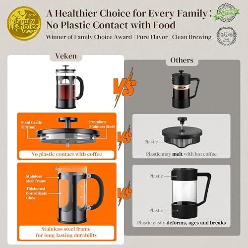 Veken French Press Coffee Maker 34oz, No Plastic Touching Cafe,Thickened Glass Stainless Steel Brewer, Cold Brew Cafetera Tea pot for Kitchen Travel Camping, Gifts, Decor, Bar Accessories, Dark Pewter thumbnail 2