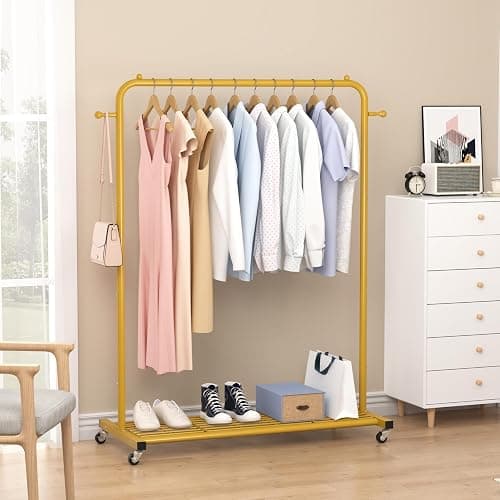 Sywhitta Clothes Rack on wheels, Clothing Rack with Bottom Mesh Storage Shelf,Sturdy Metal Frame,Rolling Garment Rack for Hanging Clothes,Coats,Skirts,39.76" L x 16" W x 64.56" H,Golden thumbnail 4