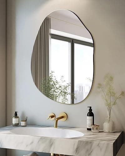 Irregular Frameless Bathroom Mirror,22 x 30 Inch Asymmetrical Wall Mirror with Wood Frame,Vanity Modern Tempered Glass Mirror for Bedroom,Entryway,Living Room thumbnail 4