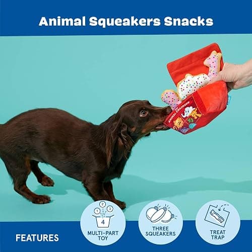 BarkBox Animal Squeakers 4-in-1 Interactive Plush Dog Toy | Squeaky Dog Toys with Crinkle Box and Treat-Hiding - For Extra Small to Small Dogs and Puppies thumbnail 3