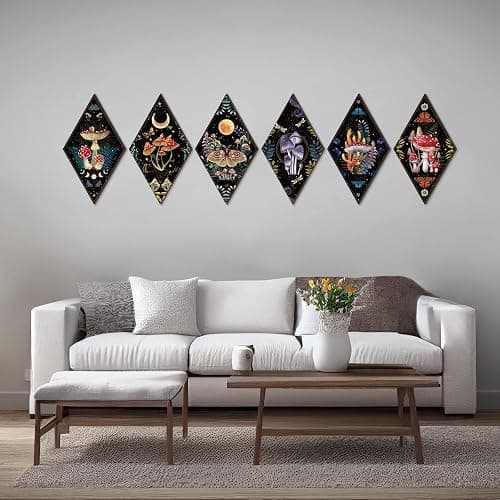 Sintuff 6 Pieces Mushroom Wall Decor Gift Vintage Aesthetic Boho Wall Art for Home 11.8inch Wooden Moon Gothic Minimalist Wall Hanging for Bathroom Bedroom Living Room thumbnail 7