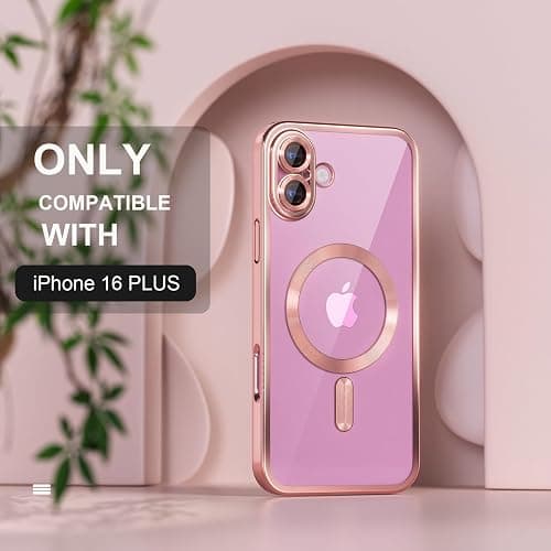 Misea Magnetic for iPhone 16 Plus Case with MagSafe [Never Yellowing] [Military Grade Drop Protection] Full Camera Lens Protector Plating Soft Clear Phone Case for Women Girls 6.7 inch, Pink thumbnail 2