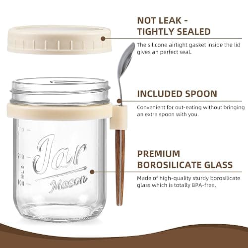 6 Pack Overnight Oats Containers with Lids and Spoons, 16 oz Glass Mason Overnight Oats Jars, Large Capacity Airtight Jars for Milk, Cereal, Fruit(Beige） thumbnail 4