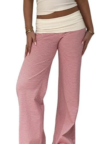 UAURORAO Fold Over Yoga Pants for Women Wide Leg Workout Sweatpants Y2k Striped Lounge Pants - Image 1