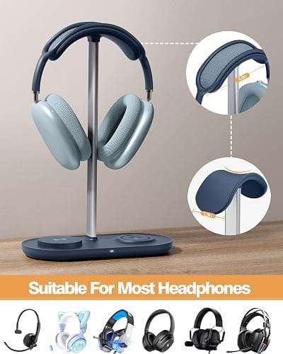HiWe 3-in-1 Headphone Stand - Universal Desktop Gaming Headset Holder with Wireless Charger for Phones/AirPods/iWatch, Aluminum Alloy Rod, Leather Pad, ABS Solid Base, Blue thumbnail 2