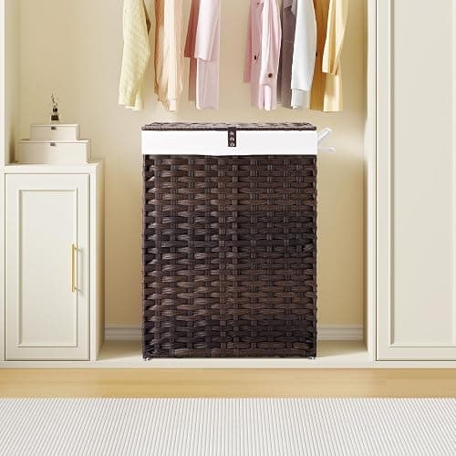 Greenstell Laundry Hamper with Lid, 90L Clothes Hamper with 2 Removable Liner Bags & 2 Mesh Laundry Bags, Handwoven Synthetic Rattan Laundry Basket for Clothes, Toys in Bathroom, Bedroom Brown thumbnail 2