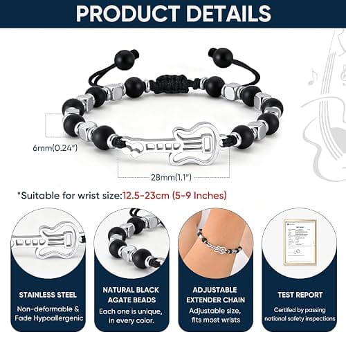 Stocking Stuffers Music Lover Gifts for Men Women : Christmas 2025 Gift Handmade Adjustable Natural Gemstone Stainless Steel Musical Note Bracelet,Student Teacher Appreciation Music Themed Gifts thumbnail 5