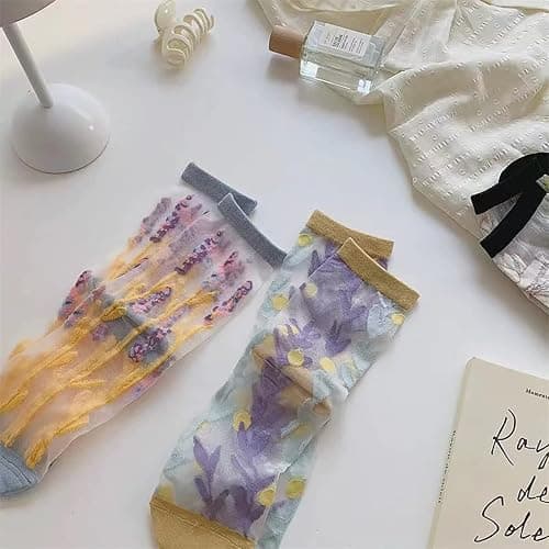 Ballballu Vintage Sheer Socks,Summer Transparent Flower Ankle, Thin Mesh Lace Elastic Jacquard Glass Silk thumbnail 3